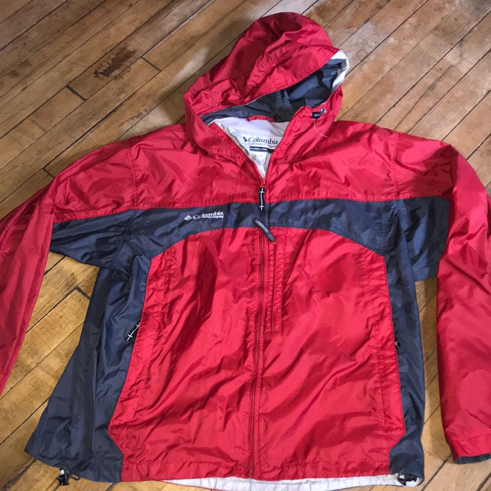 Columbia Mens Red Gray Lightweight Hooded Windbreaker Jacket Large Packable